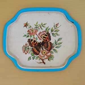 Butterfly on Tray vintage decor blue trim 7x6 painted serving tray home decor